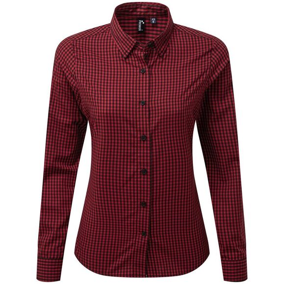 Premier Womens/Ladies Maxton Gingham Long-Sleeved Shirt / Black/Red - Picture 1 of 2